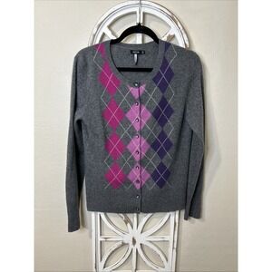 Apt 9 MEDIUM Gray Purple Argyle 100% Cashmere Preppy Y2K Button Up Cardigan